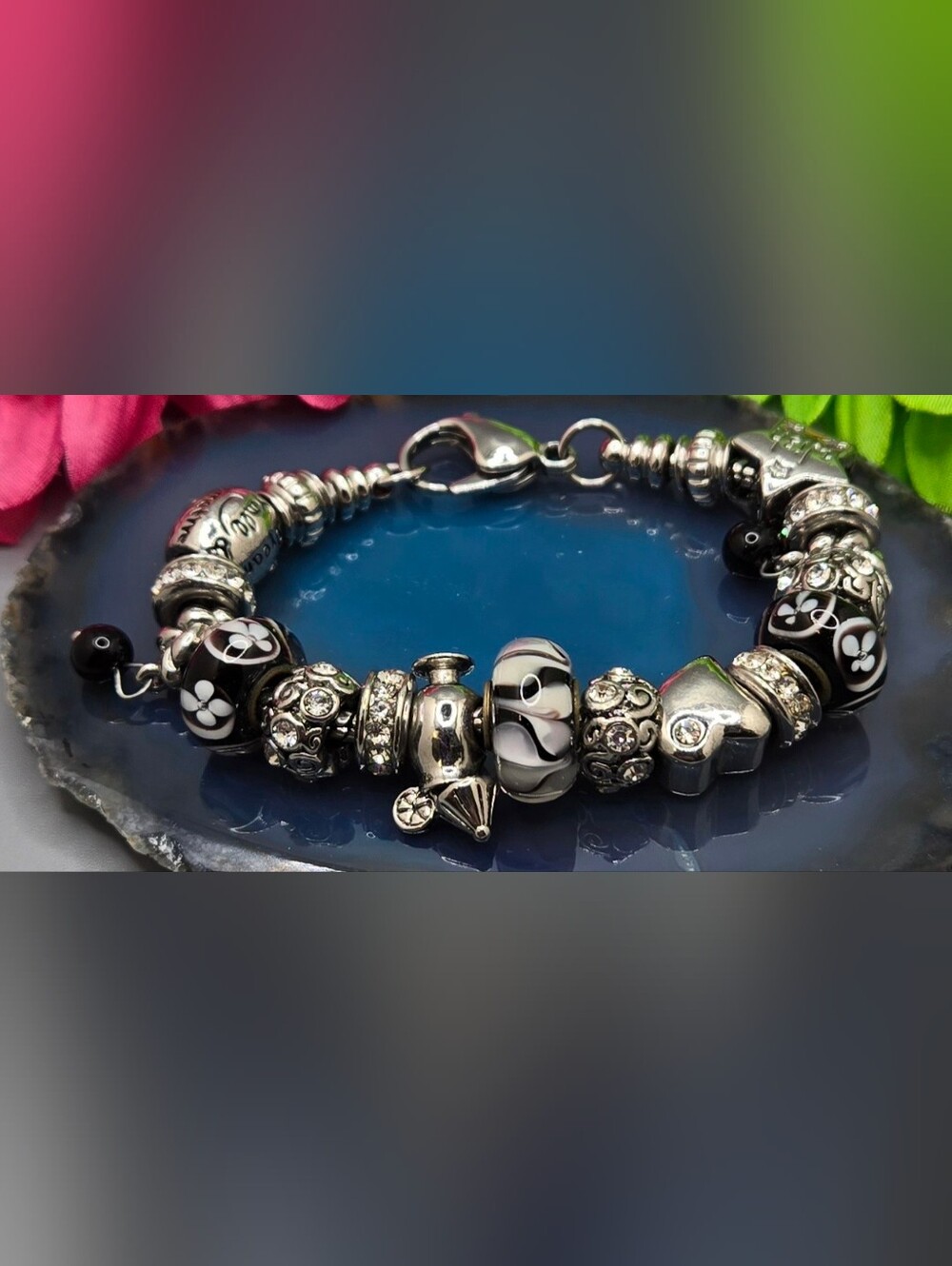 Charm Bracelet w/ Charms Pandora Style Crystals Glass Silver Tone Sz 5½